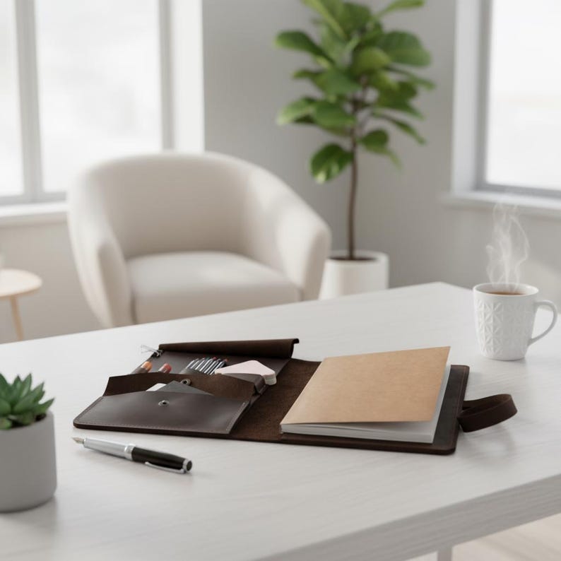 May include: A brown leather notebook and pen set on a white desk. The notebook is open, revealing blank pages. A pen, small notepad, and other stationery items are visible. A cup of coffee and a small plant are also on the desk.