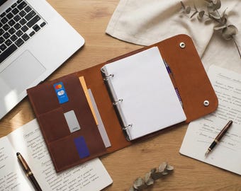 Engraved leather ring binder, A5 leather binder planner, Ring binder notebook a4, Leather binder with pockets, A6 binder journal