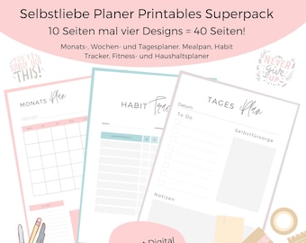 Selbstliebe Planer Printables Superpack: Monats-, Wochen- und Tagesplaner. Mealpan, Habit Tracker, Fitness- und Haushaltsplaner - 40 Seiten!