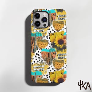 May include: A phone case featuring a collage of heart-shaped images including sunflowers, desert landscapes with cacti, and black and white dalmatian spots. The text "choose happy" is printed in a white font throughout the design.