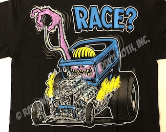 May include: Black t-shirt with a cartoon illustration of a hot rod with a monster driving it. The car is blue with yellow flames and the monster has a pink hand reaching out. The text "RACE?" is above the car and "ED "ROTH, INC." is on the right side of the car. The text "BACK" is at the bottom of the shirt.