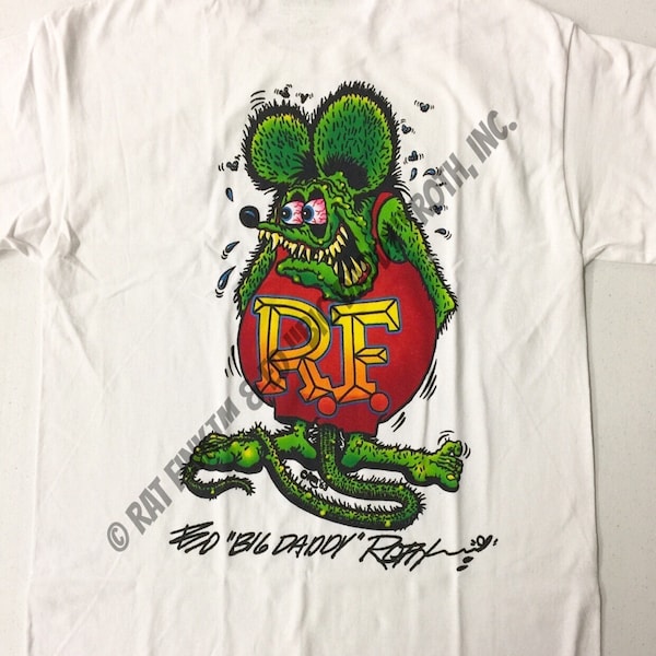 Official Rat Fink Signature T-Shirt Back Design Ed Big Daddy Roth Men's White Tee Size S-5XL