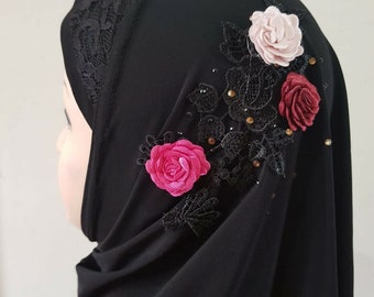 Pull on Instant Fancy three Flowers Hijab Head wear Muslim one piece perfect for girls