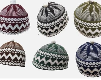 Zigzag Haji Cappello invernale da uomo in lana Cappello da preghiera islamico Topi Kufi con palla bianca