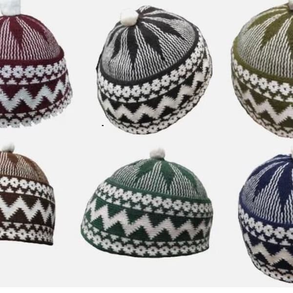 Casquette zigzag Haji hiver en laine pour homme Chapeau de prière islamique Topi Kufi avec boule blanche