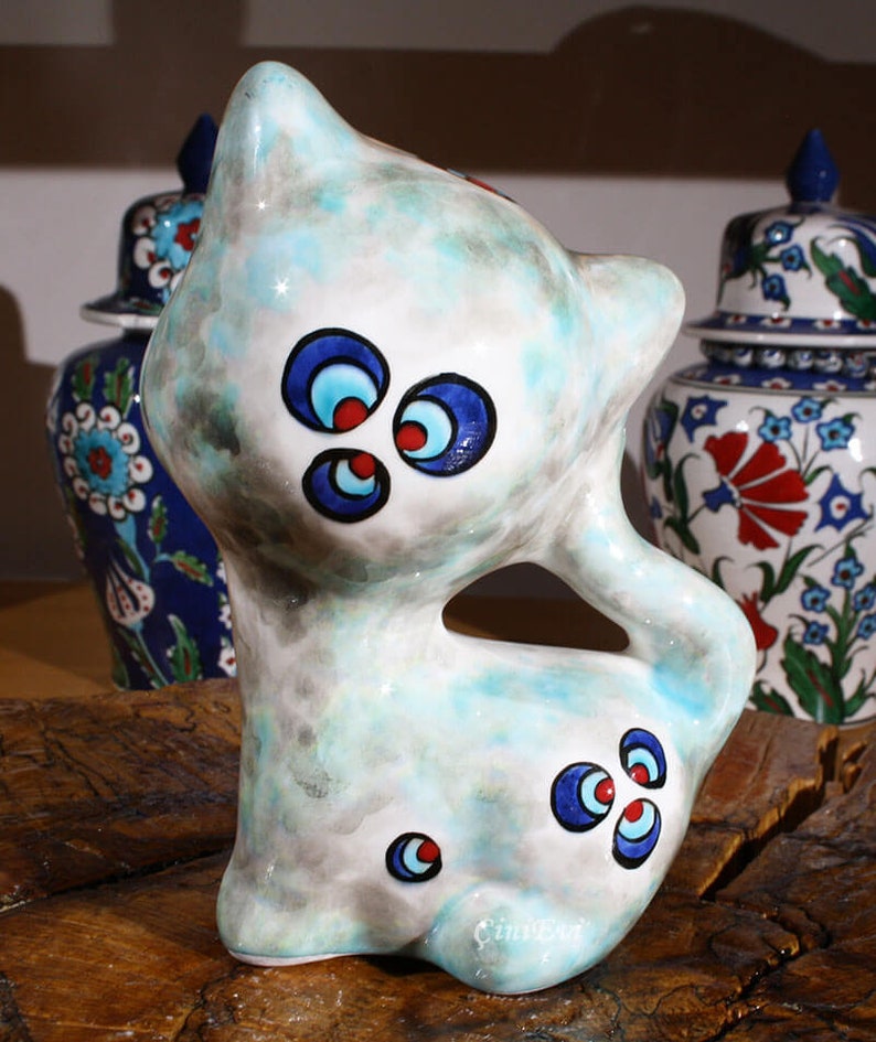 Handcrafted Lovely Cat Trinket 6.5 inch Handpainted Pottery Handmade Ceramic Cat Trinket Cute Cat Figurine Home and Garden Decor