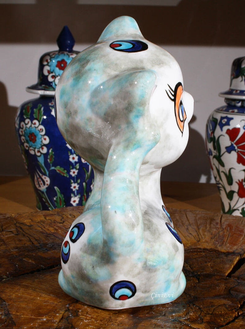 Handcrafted Lovely Cat Trinket 6.5 inch Handpainted Pottery Handmade Ceramic Cat Trinket Cute Cat Figurine Home and Garden Decor