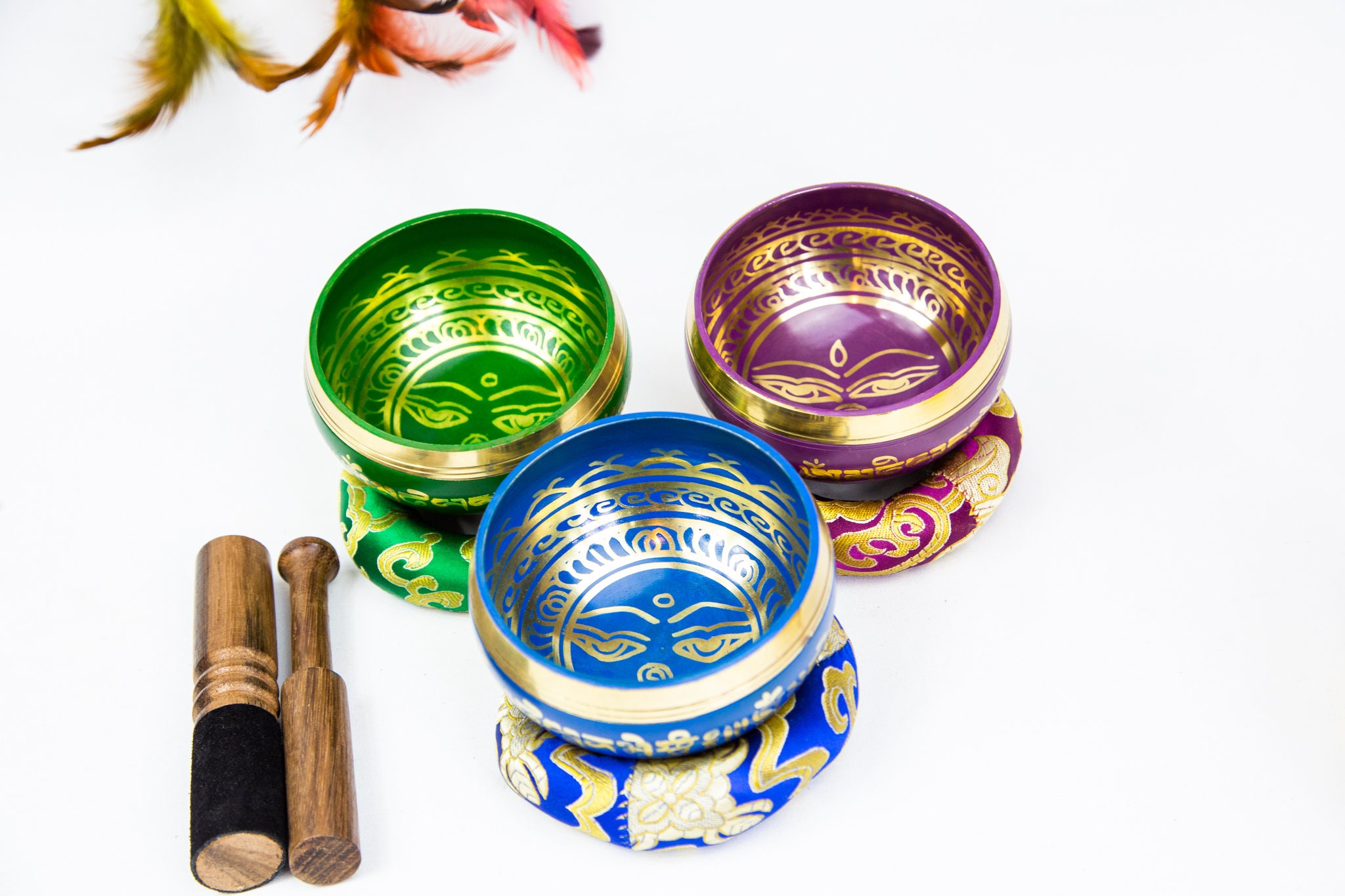 LAST Chance 40!3 Singing bowls colorful set 3,5 antique looks