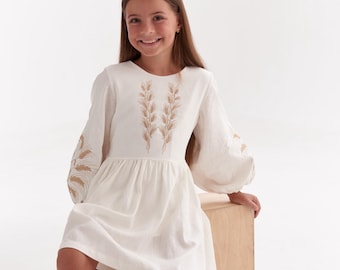 Ukrainian Embroidered Dress for Girls, Linen Vyshyvanka Dress, Wheat Embroidery, Girls Folk Dress 5–13 Years, Ukrainian Outfit