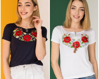 Women's T-shirt with wonderful embroidery "Poppy bouquet"