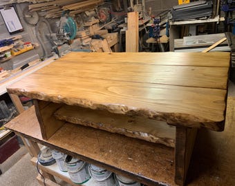 Coffee table waney edge Rustic Solid Wood Coffee Table live edge Handmade with Shelf oak pine walnut