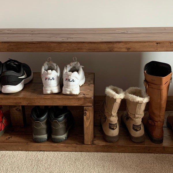 Solid wood rustic shoe bench boot rack hallway storage handmade