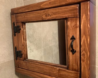 Bathroom Wall Cabinet with Mirror Door rustic solid wood handmade