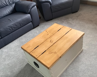 Painted Coffee table trunk storage chest oak pine solid wood rustic chunky