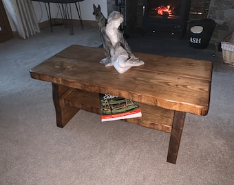 Coffee table live waney edge rustic solid wood handmade with shelf