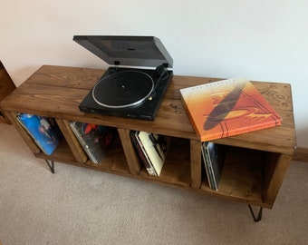 Vinyl Record Storage Shelf Record Player stand industrial hairpin legs oak pine