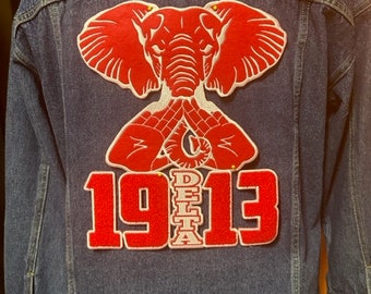 Elephant, embroidered and chenille patch, large, jacket back, patch, red and white, iron/press on, 12"x10", mids up, delta sigma theta, 1913