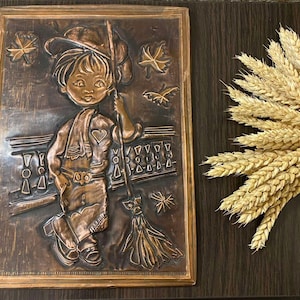 Big Rare Vintage copper embossing,Copper painting little boy,Wall decor,Vintage Copper Wall Art,Copper painting USSR,Picture chasing.USSR