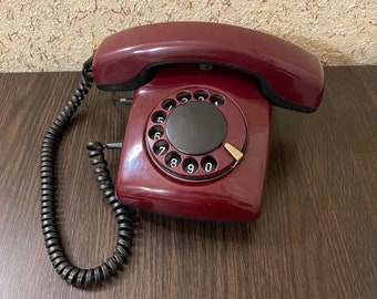 Vintage burgundy phone 88s,Old rotary phone,Soviet phone,circle dial rotary phone,vintage landline phone,Old Dial Desk Phone,Red phone,Phone