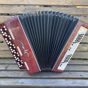 May include: A red and black accordion with white buttons and a signature on the side.