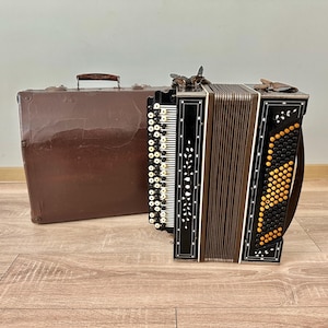 Rare Antique wooden button accordion 1950s, Old Ukrainian vintage accordion, Handmade accordion, 120 bass, Vintage musical instrument, VIDEO