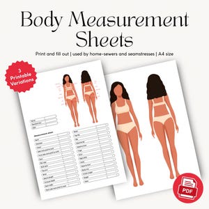Peut inclure: Deux feuilles de mesures corporelles imprimables au format A4, avec des illustrations d'une personne en lingerie. Les feuilles comprennent des tableaux de mesures et le texte "Body Measurement Sheets". Destinées aux couturiers amateurs.