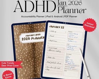 January Digital Planner 2026 | Cute Deer Print GoodNotes Digital Calendar | Daily, Weekly, Monthly Journal | Habit + Budget/Expense Tracker
