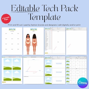 May include: An "Editable Tech Pack Template" with nine essential pages. The template includes pages for brand logos, fashion sketches, and technical drawings. The text reads "Print and fill out | used by fashion brands and designers | edit digitally and/or print."