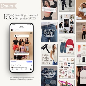 Puede incluir: Imagen promocional para Canva, con 165 plantillas de carrusel de tendencia para 2025. La imagen incluye una publicación simulada de Instagram y varias guías de moda y estilo de vida, como 'Extra Petite Denim Guide'.