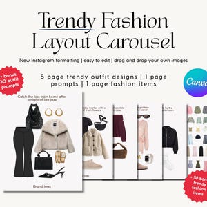 May include: A digital layout carousel design for Instagram, showcasing trendy fashion outfits. The design includes text that reads "Trendy Fashion Layout Carousel" and "5 page trendy outfit designs". The image also includes a Canva logo.