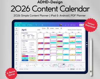 ADHD Content Planner 2026 | Social Media Calendar PDF, Canva Monthly Content Spreadsheet for Managers, Brands, Businesses