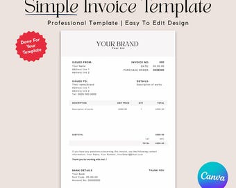 Editable Invoice Template. Printable Invoice Canva. Custom Form For Small Business. Blank Billing Template