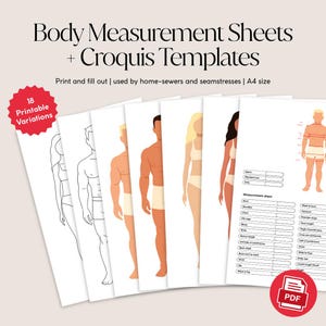 May include: A stack of printable body measurement sheets and croquis templates. The sheets feature illustrations of human figures and measurement charts. The text reads "Body Measurement Sheets + Croquis Templates" and "Print and fill out | used by home-sewers and seamstresses | A4 size."