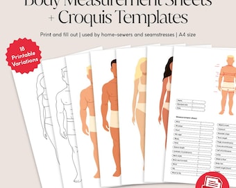 Printable Sewing Measurement Chart + Female and Male Croquis Template Bundle | Home Sewers, Designers, Tailors, Seamstresses | Editable