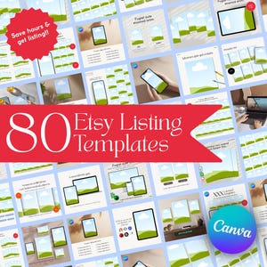 May include: A collage of 80 Etsy listing templates, featuring various digital mockups of phones, tablets, and laptops. The templates have a light blue background with green and white landscape images. The text "80 Etsy Listing Templates" is displayed on a red banner.