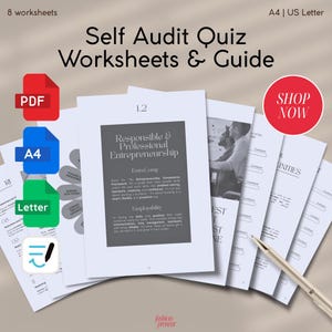 May include: A stack of white worksheets with the title "Self Audit Quiz Worksheets & Guide". The worksheets include the text "Responsible & Professional Entrepreneurship" and "Employability". A red circle with "SHOP NOW" is visible.
