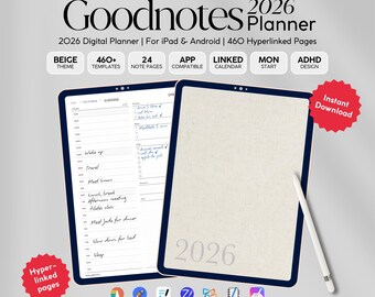 Goodnotes ADHD Digital Planner 2026 | Minimal Tracker Calendar | Daily, Weekly, Monthly Journal | Habit + Priorities Tracker editable PDF