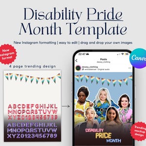 May include: A digital template for Disability Pride Month, featuring a phone mockup with a social media post. The design includes a rainbow banner, a gradient font, and the text "Disability Pride Month".