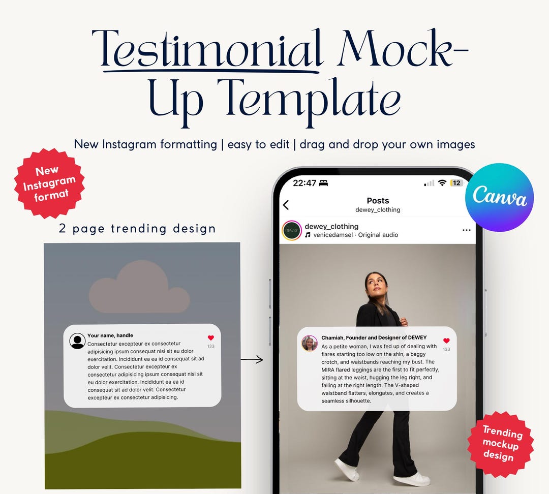 Instagram Testimonial Template Canva | 2 Page Review Post Layout ...