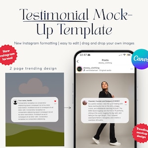 Könnte beinhalten: Ein digitales Mockup-Template mit dem Text "Testimonial Mock-Up Template". Das Bild zeigt ein Telefon mit einem Instagram-Post und einem Design mit einer Testimonial-Blase. Enthält das Canva-Logo und den Text "New Instagram format".