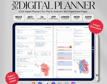 ADHD Minimal Digital Planner 2026 | Goodnotes Tracker Calendar | Daily, Weekly, Monthly Journal | Habit + Priorities Tracker editable PDF
