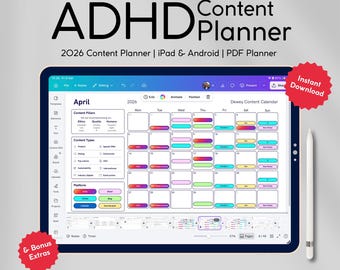 ADHD Minimal Content Planner 2026 | Social Media Content Calendar PDF, Canva Social Media Planner, Monthly Content Spreadsheet