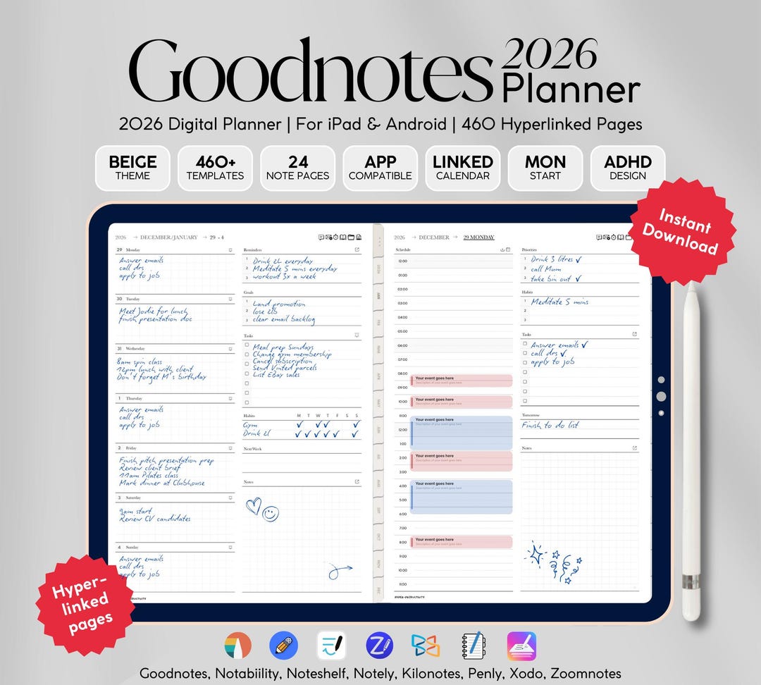 ADHD Goodnotes Digital Planner 2026 | Minimal Tracker Calendar | Daily ...