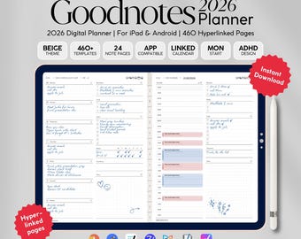 ADHD Goodnotes Digital Planner 2026 | Minimal Tracker Calendar | Daily, Weekly, Monthly Journal | Habit + Priorities Tracker editable PDF