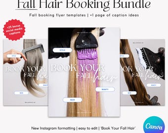 Modelos para Instagram de Reserva de Flyers para Cabelo de Outono: Carrossel de Mídias Sociais da Canva para Outono | Mais 25 Legendas Bônus, MMR PLR