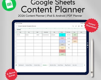 Google Sheets Minimal Content Planner 2026 | Social Media Content Calendar, Excel Social Media Planner, Monthly Content Spreadsheet