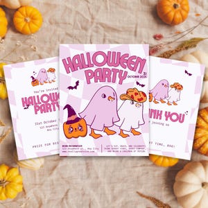 Cute Pink Editable Halloween Party Invitation, Halloween Silly Goose Ghost Invite, Spooktacular Party Invite, Kids Halloween Party Cards