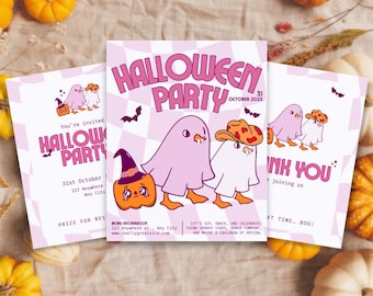 Pink Halloween Party Invitation: Silly Goose Ghost, Retro Design (Digital Download)