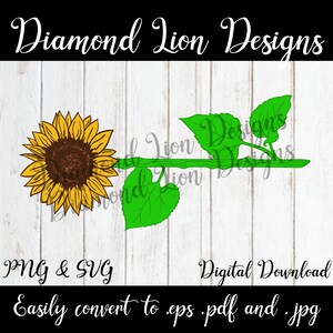 May include: A digital download of a sunflower with green leaves. The image is on a white wood background. PNG & SVG. Easily convert to eps, pdf and jpg. Diamond Lion Designs.