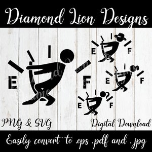 May include: A black and white digital download of a car fuel gauge with a stick figure pushing the needle to full. The gauge reads "E" for empty and "F" for full. The design is repeated three times with the stick figure in different poses.
